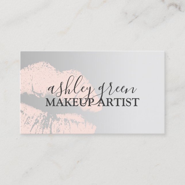 Elegant chick blush pink silver lips makeup artist business card (Front)