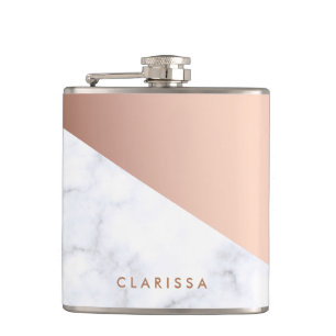 Elegant chick geometric white marble rose gold hip flask