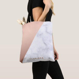 Elegant chick geometric white marble rose gold tote bag