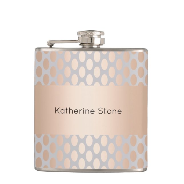 Elegant Chick Rose Gold Polka Dots Pattern Grey Hip Flask (Front)