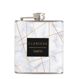 elegant chick white marble faux gold geometric hip flask