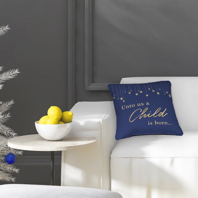 Elegant Child is Born Gold Navy Blue Christmas Throw Pillow (Creator Uploaded)