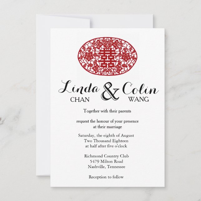 Elegant Chinese Double Happiness Wedding Invites (Front)