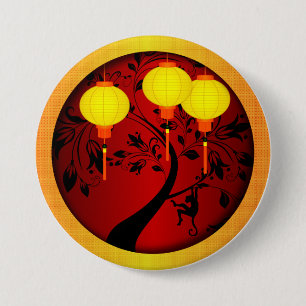 Elegant Chinese New Year Monkey with Gold Lanterns 3 Inch Round Button