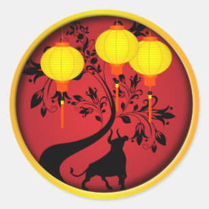Elegant Chinese New Year OX Gold Lanterns Classic Round Sticker