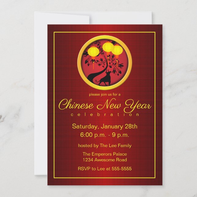 Elegant Chinese New Year Ox Gold Lanterns Invitation (Front)