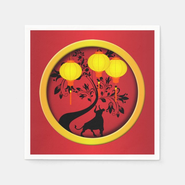 Elegant Chinese New Year Ox Gold Lanterns Napkin (Front)