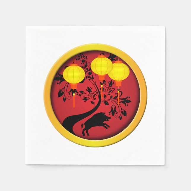 Elegant Chinese New Year Pig Gold Lanterns Napkin (Front)