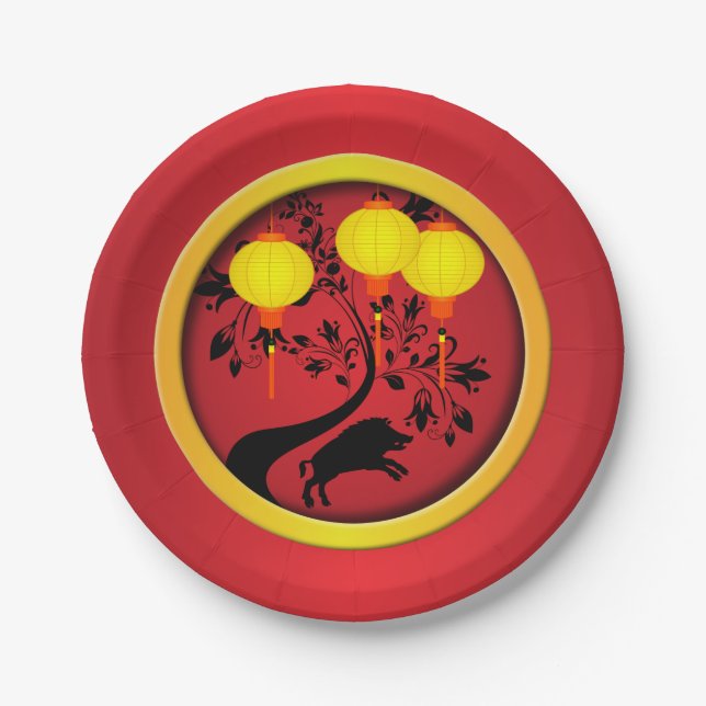 Elegant Chinese New Year Pig Lanterns Paper Plate (Front)