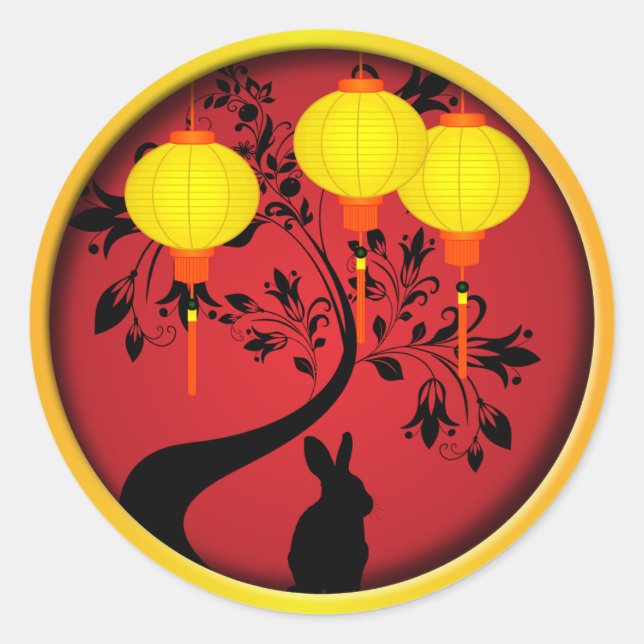Elegant Chinese New Year Rabbit Gold Lanterns Classic Round Sticker (Front)