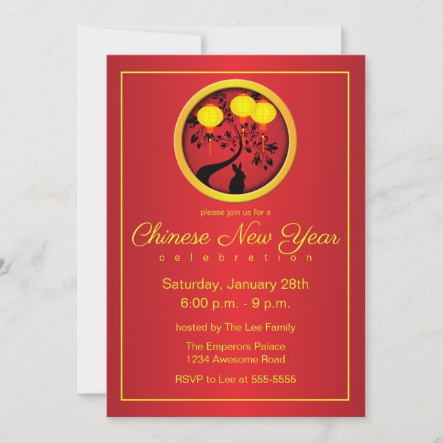 Elegant Chinese New Year Rabbit Gold Lanterns Invitation (Front)