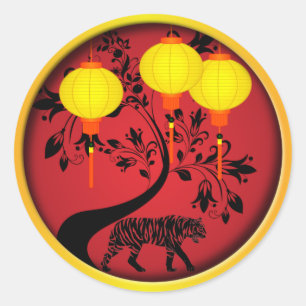 Elegant Chinese New Year Tiger Gold Lanterns Classic Round Sticker