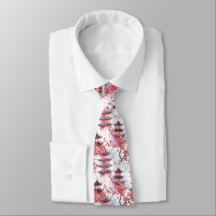 Elegant Chinese Pagoda Cherry Blossom Tie