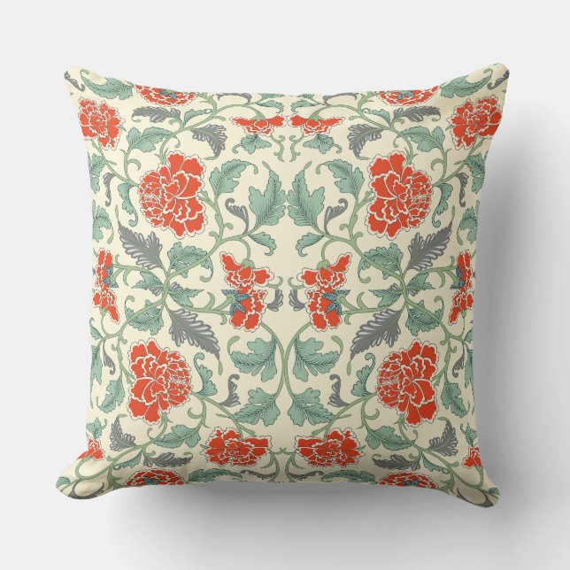 Elegant Chinese Red Green Floral Pattern Throw Pillow (Front)