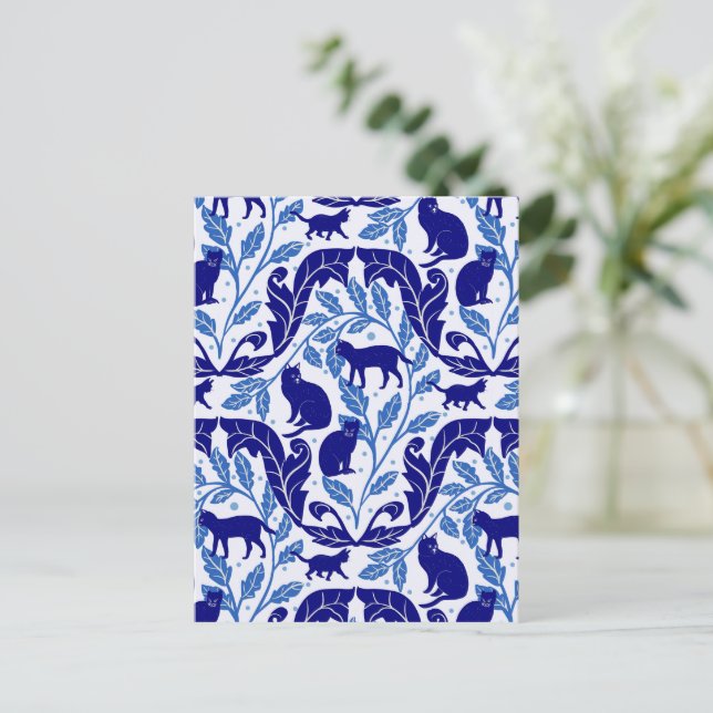 Elegant Chinoiserie Blue Black Cat-Whimsical  Postcard (Standing Front)