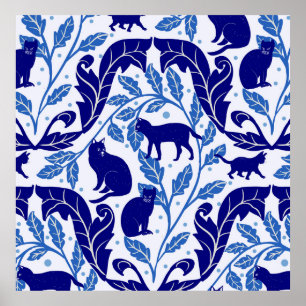 Elegant Chinoiserie Blue Black Cat-Whimsical Poster