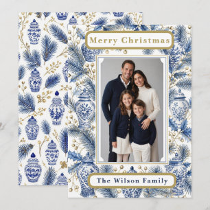 Elegant Chinoiserie Blue Ginger Jar Christmas Holiday Card