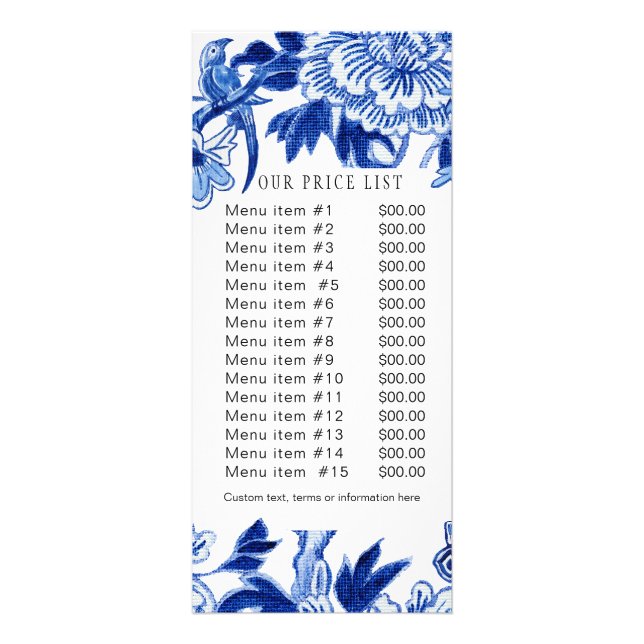 Elegant Chinoiserie Blue White Business Price List Rack Card (Front)