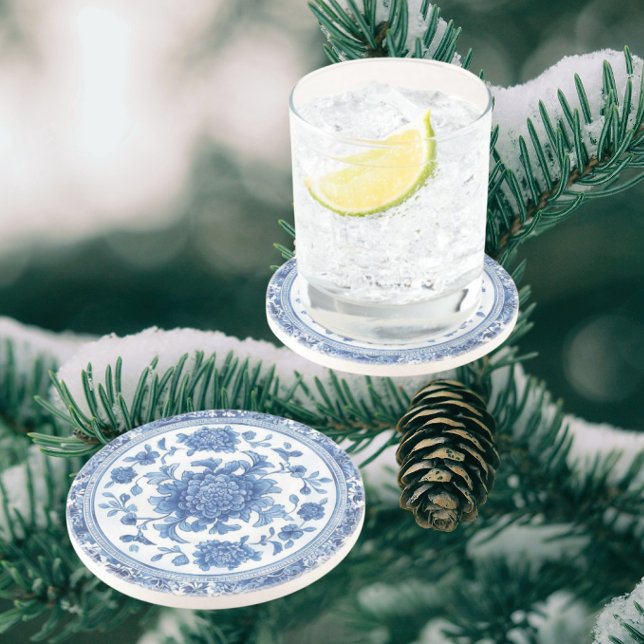 Elegant Chinoiserie Blue White Floral  Coaster (Delightful blue and white chinoiserie floral coaster)