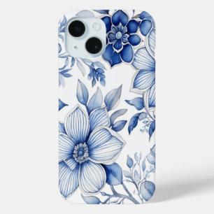 Elegant Chinoiserie Blue & White Floral Pattern iPhone 15 Case