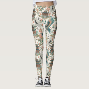 Elegant Chinoiserie Crane Leggings