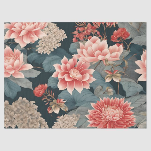 Elegant Chinoiserie Florals Teal Peach Tissue Paper (Front)