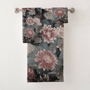 Elegant Chinoiserie Grey and Raspberry Florals  Bath Towel Set
