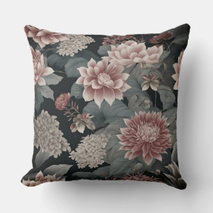 Elegant Chinoiserie Grey and Raspberry Florals  Throw Pillow