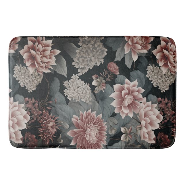 Elegant Chinoiserie Grey Raspberry Florals  Bath Mat (Front)