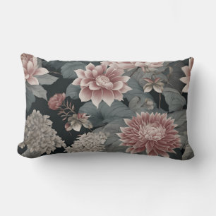 Elegant Chinoiserie Greys Raspberry Florals Lumbar Pillow