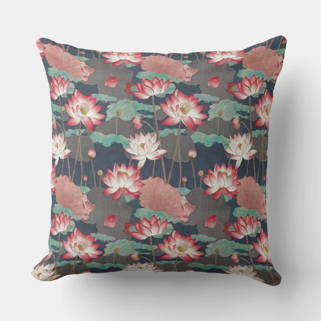 Elegant Chinoiserie Lotus Floral Red and Brown Throw Pillow (Front)