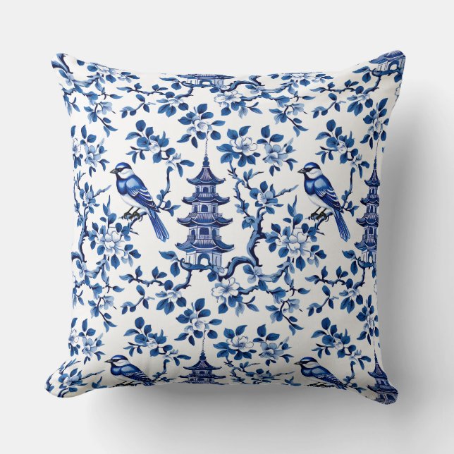 Elegant Chinoiserie Pagoda and Birds Throw Pillow (Front)