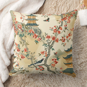 Elegant Chinoiserie - Pagodas, Blossoms, and Birds Throw Pillow