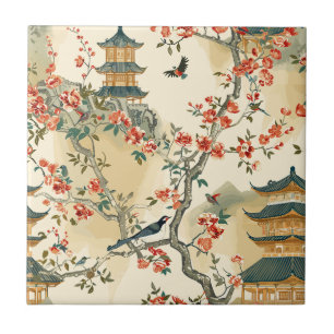 Elegant Chinoiserie - Pagodas, Blossoms, and Birds Tile