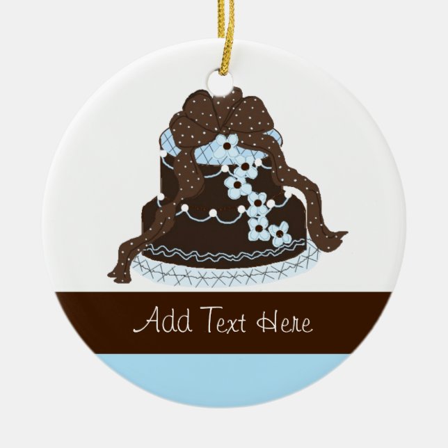 Elegant Chocolate and Blue Designer Cake Ceramic Ornament (Front)