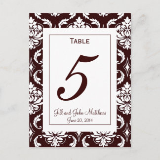 Elegant Chocolate Damask Wedding Table Number Card