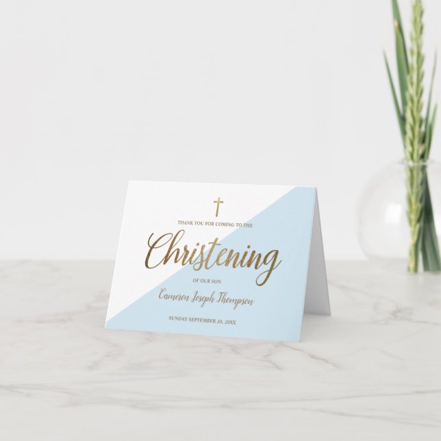 Elegant Christening Baby Boy Blue Gold Thank You (Front)