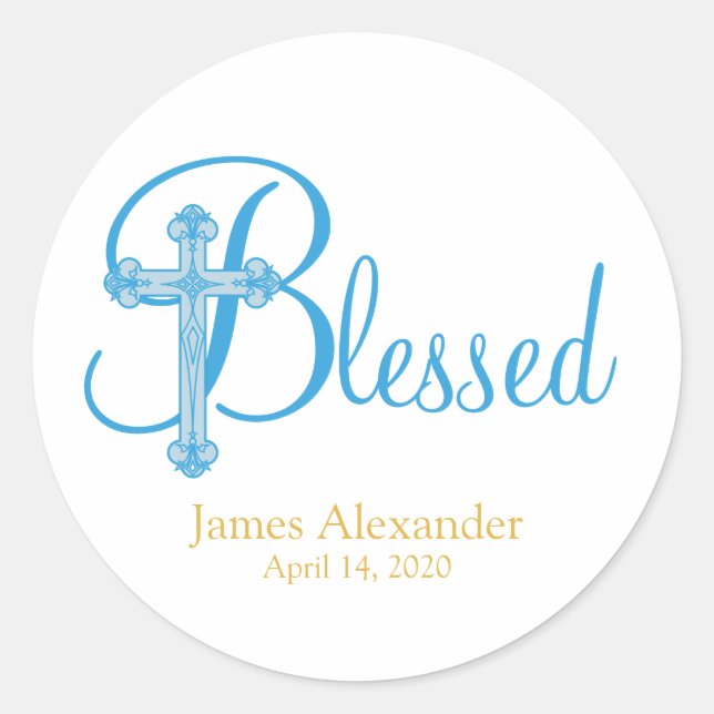 elegant CHRISTENING or BAPTISM blue cross Classic Round Sticker (Front)