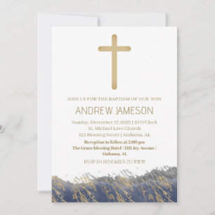 Elegant Christian Blue Gold Cross Baptism Invitation