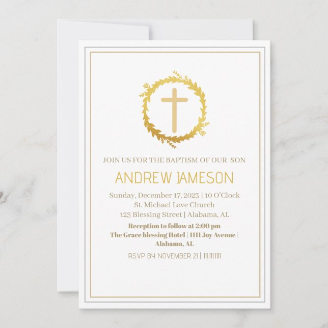 Elegant Christian Blue Gold Cross | Baptism Invitation (Front)
