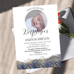 Elegant Christian Blue Round Photo Baptism Invitation