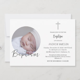Elegant Christian Blue Round Photo Baptism Invitation