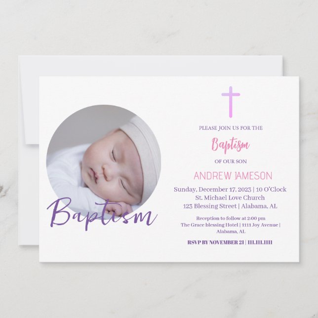 Elegant Christian Blue Round Photo  | Baptism Invitation (Front)