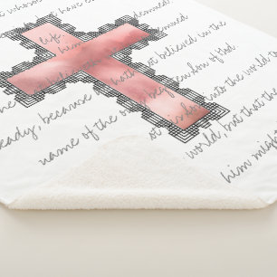 Elegant Christian Pink Cross Scripture Verse Sherpa Blanket
