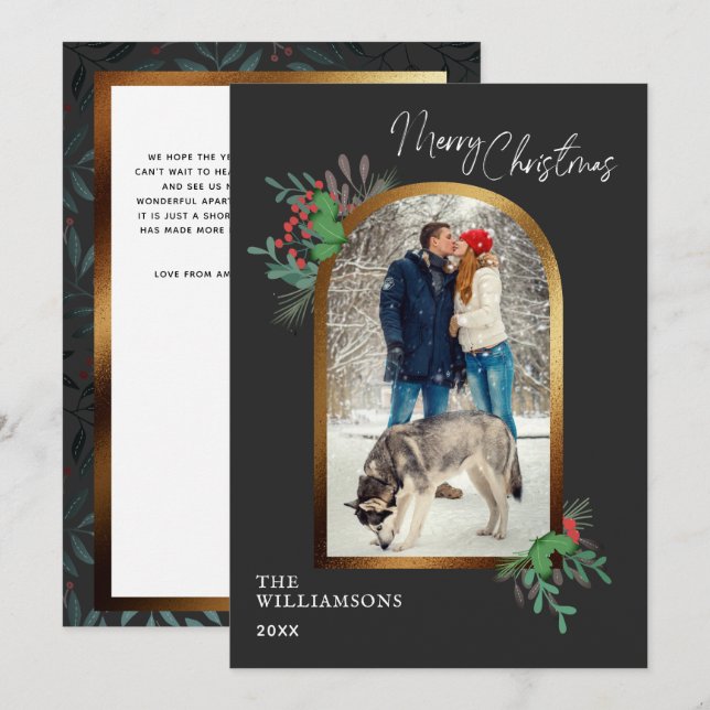Elegant Christmas 1 photo arch botanical Holiday Card (Front/Back)
