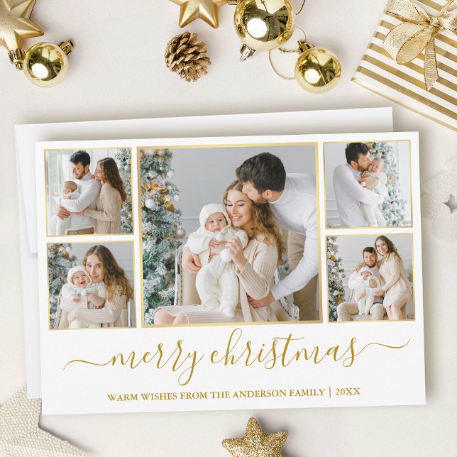 Elegant Christmas 5 Photo Calligraphy Gold Frame Holiday Card (Customize to add text to back of card.)