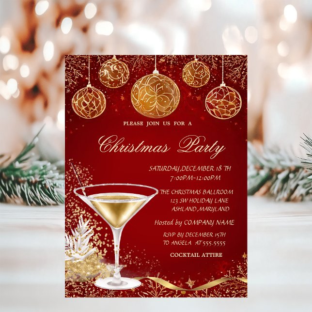 Elegant Christmas Balls,Champagne Red Company  Invitation (Creator Uploaded)