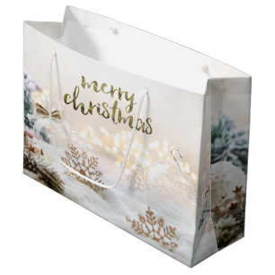 Elegant Christmas Balls Gold Snowflakes Holiday  Large Gift Bag