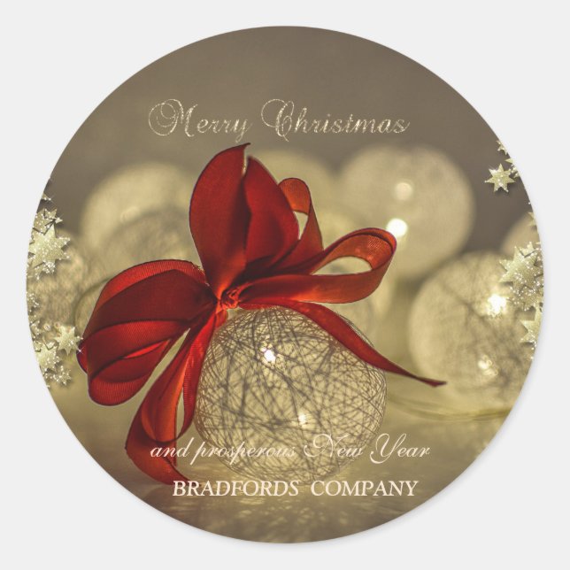 Elegant Christmas Balls Red Bow Stars Company Classic Round Sticker (Front)