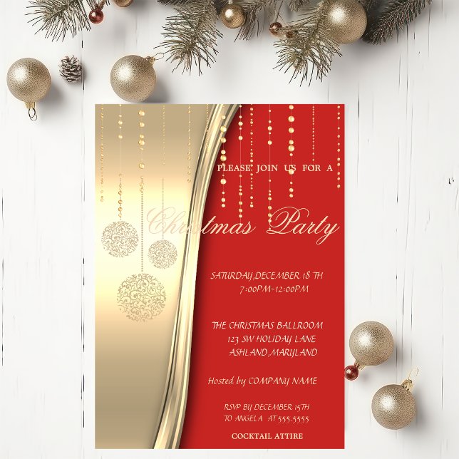 Elegant Christmas Balls,Red,Gold Corporated Party Invitation (Creator Uploaded)